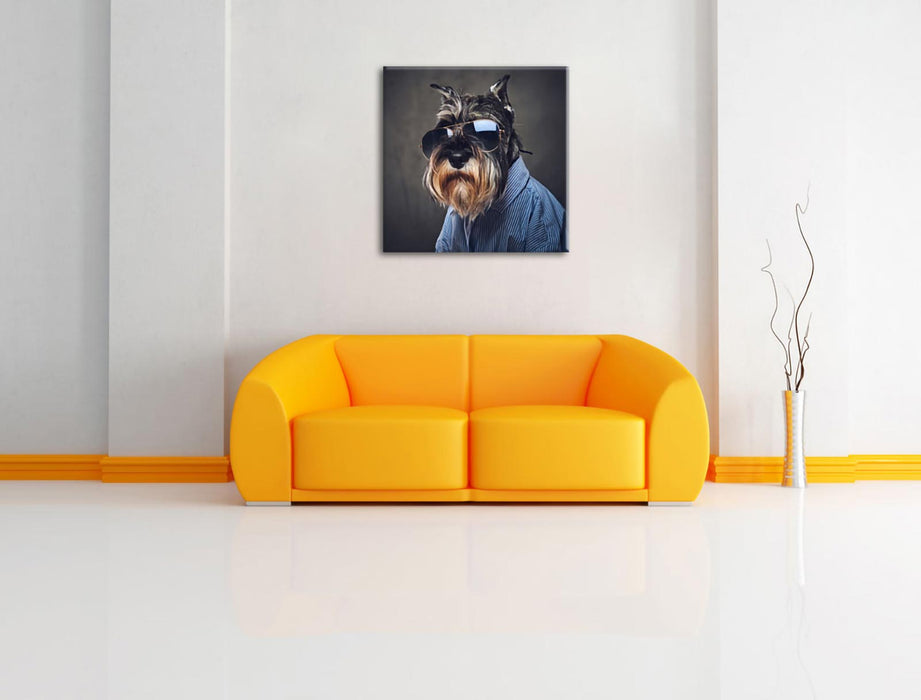 Lustiger Hund mit Hemd und Sonnenbrille Leinwanbild Wohnzimmer Quadratisch