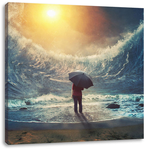 Hohe Wellen um Menschen mit Regenschirm Leinwanbild Quadratisch