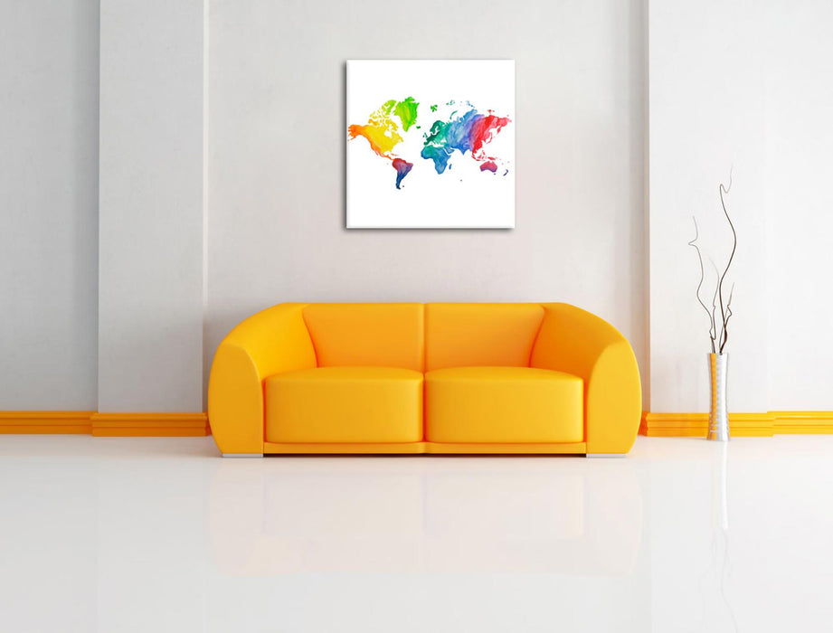 Bunte Weltkarte in Aquarell-Farben Leinwanbild Wohnzimmer Quadratisch