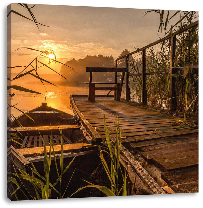 Bootssteg am See bei Sonnenuntergang Leinwanbild Quadratisch