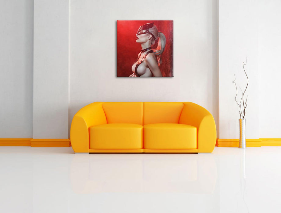 Sexy Blondine in Leder im Rotlicht Leinwanbild Wohnzimmer Quadratisch
