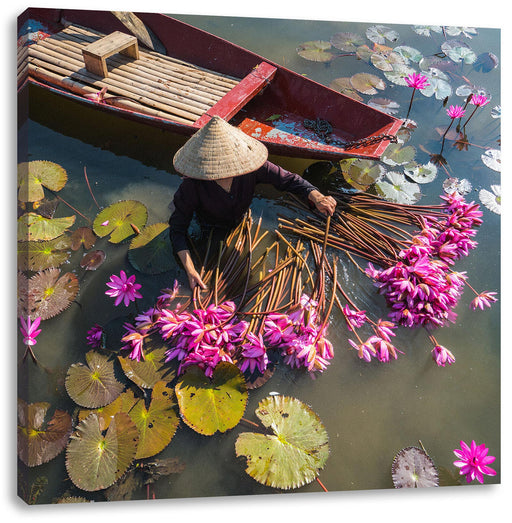 Wasserlilienernte mit Boot in Vietnam Leinwanbild Quadratisch
