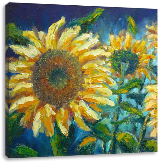 Sonnenblumen vor blauem Hintergrund Leinwanbild Quadratisch
