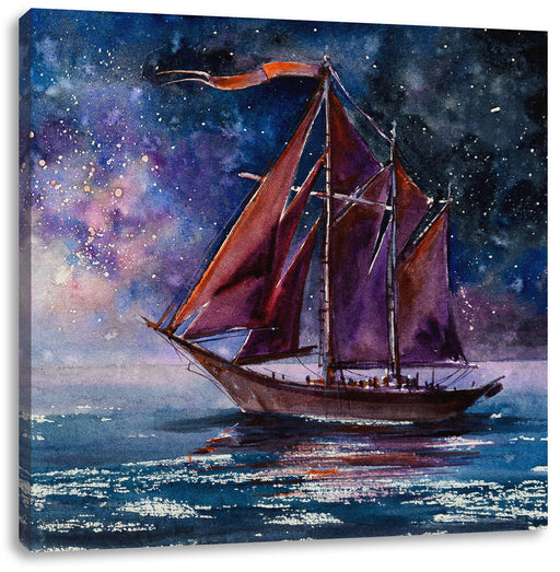 Rotes Segelboot in Sternenheller Nacht Leinwanbild Quadratisch