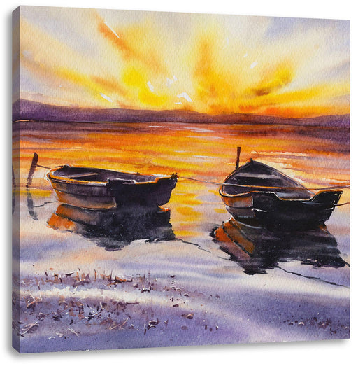 Zwei angeleinte Boote bei Sonnenuntergang Leinwanbild Quadratisch