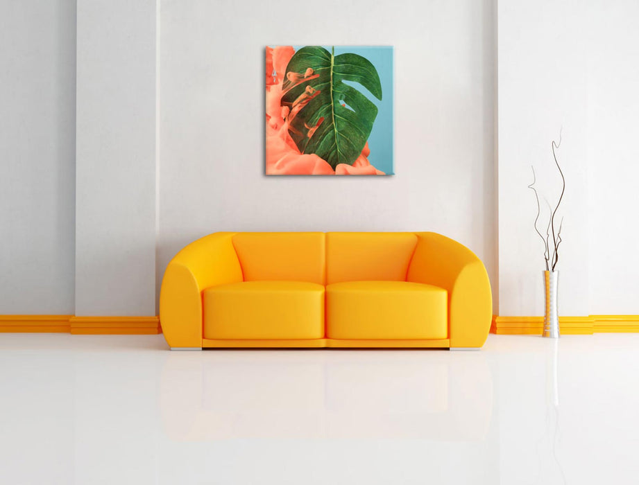 Monstera Blatt mit Pastelwolke Leinwanbild Wohnzimmer Quadratisch