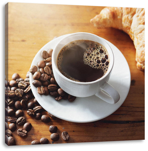 Tasse Kaffee mit Bohnen und Croissant Leinwanbild Quadratisch