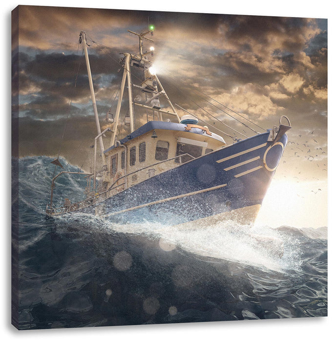 Fischerboot im Sturm auf hoher See Leinwanbild Quadratisch