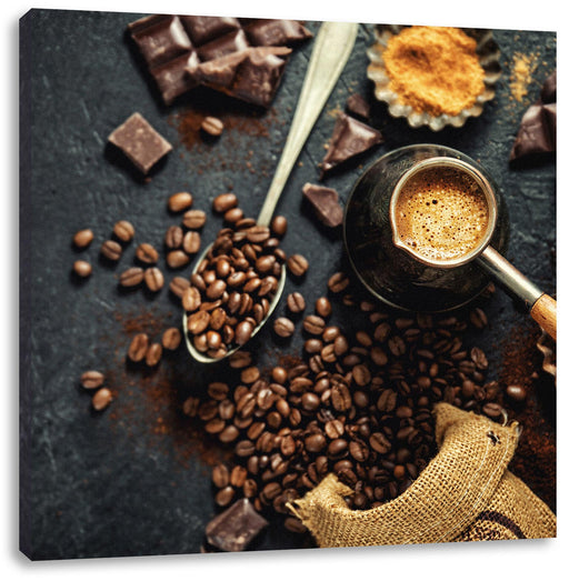 Kaffeebohnen und Schokolade von oben Leinwanbild Quadratisch