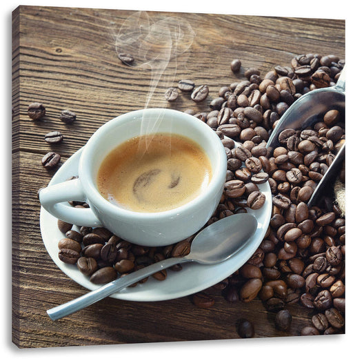 Espressotasse mit Kaffeebohnen Leinwanbild Quadratisch