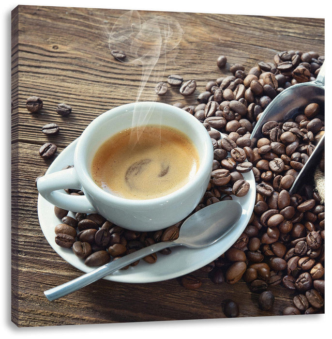 Espressotasse mit Kaffeebohnen Leinwanbild Quadratisch