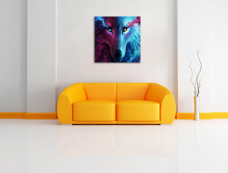 Abstrakter Wolf mit rauchenden Augen Leinwanbild Wohnzimmer Quadratisch
