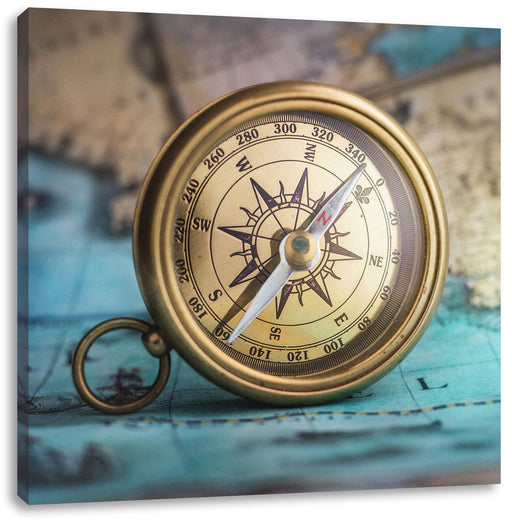 Alter Kompass auf Weltkarte Leinwanbild Quadratisch
