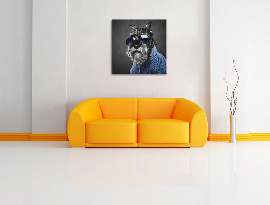 Lustiger Hund mit Hemd und Sonnenbrille B&W Detail Leinwanbild Wohnzimmer Quadratisch