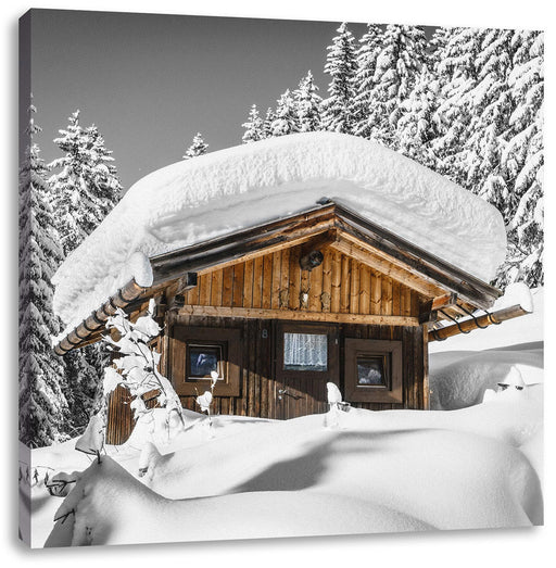 Verschneite Skihütte in Alpenwald B&W Detail Leinwanbild Quadratisch