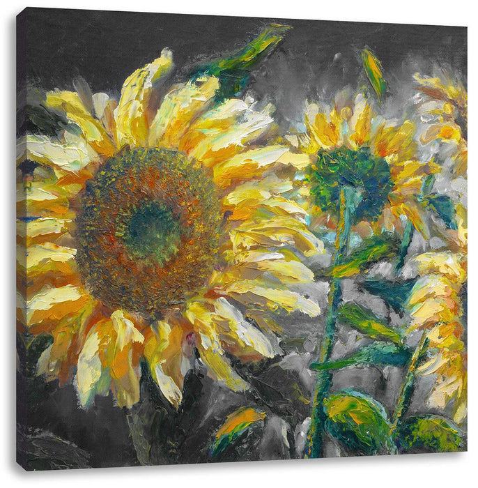 Sonnenblumen vor blauem Hintergrund B&W Detail Leinwanbild Quadratisch