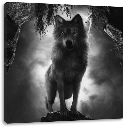 Böser Wolf bei Gewitter im Höhleneingang B&W Detail Leinwanbild Quadratisch