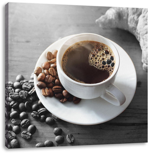 Tasse Kaffee mit Bohnen und Croissant B&W Detail Leinwanbild Quadratisch