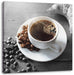 Tasse Kaffee mit Bohnen und Croissant B&W Detail Leinwanbild Quadratisch