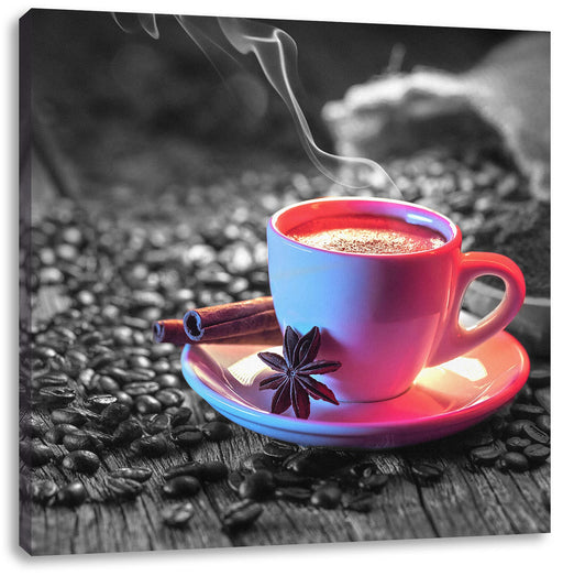 Kaffeetasse mit Bohnen auf Holztisch B&W Detail Leinwanbild Quadratisch