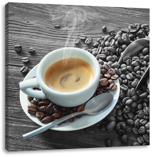 Espressotasse mit Kaffeebohnen B&W Detail Leinwanbild Quadratisch