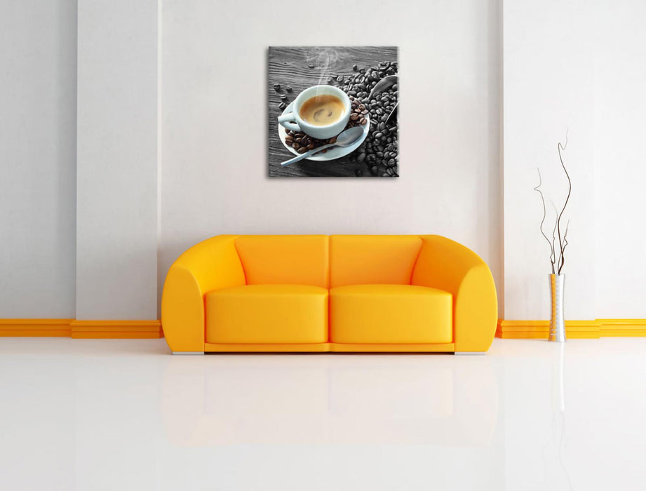 Espressotasse mit Kaffeebohnen B&W Detail Leinwanbild Wohnzimmer Quadratisch
