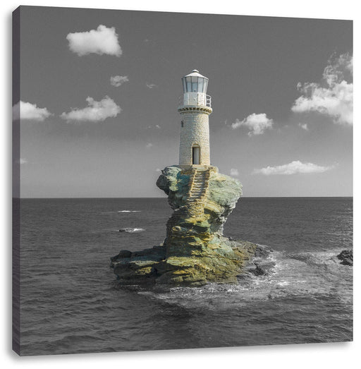 Leuchtturm auf kleiner Insel im Meer B&W Detail Leinwanbild Quadratisch