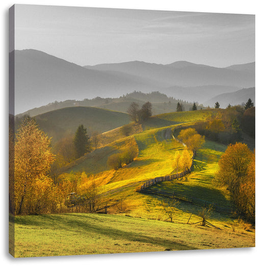 Hügelige Herbstlandschaft bei Sonnenuntergang B&W Detail Leinwanbild Quadratisch