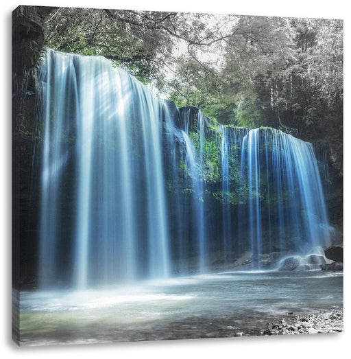 Tropischer Wasserfall im Wald B&W Detail Leinwanbild Quadratisch
