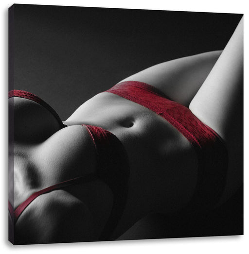 Frauenkörper in sexy roter Unterwäsche B&W Detail Leinwanbild Quadratisch