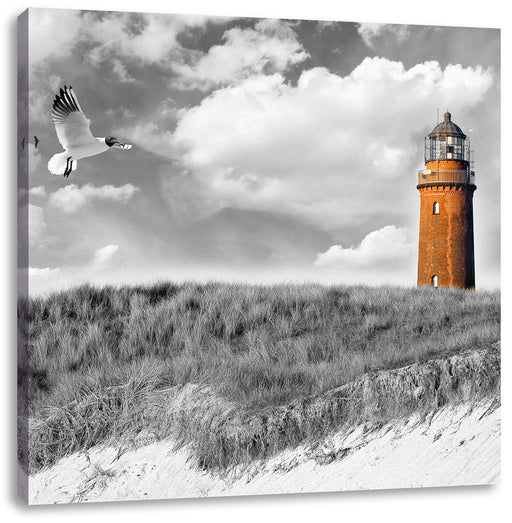 Möwen fliegen am Meer vor Leuchtturm B&W Detail Leinwanbild Quadratisch