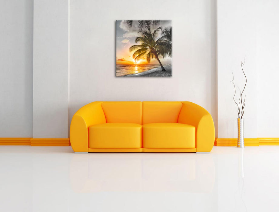 Palmen im Sonnenuntergang auf Barbados B&W Detail Leinwanbild Wohnzimmer Quadratisch