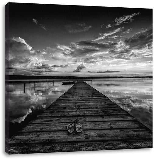 Steg am See bei Sonnenuntergang, Monochrome Leinwanbild Quadratisch