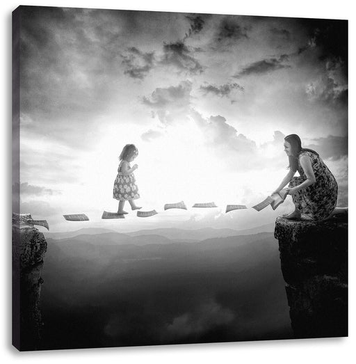 Kind läuft auf Papier über Abgrund, Monochrome Leinwanbild Quadratisch
