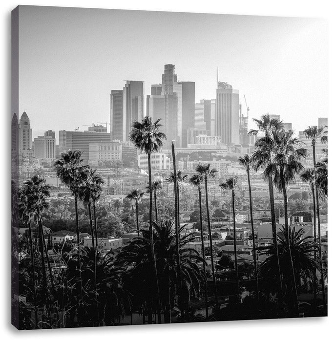 Palmen vor Skyline von Los Angeles, Monochrome Leinwanbild Quadratisch