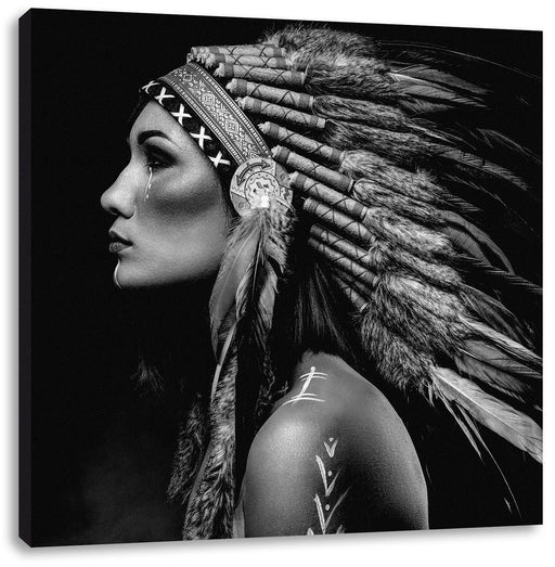 Frau mit buntem indianischen Kopfschmuck, Monochrome Leinwanbild Quadratisch