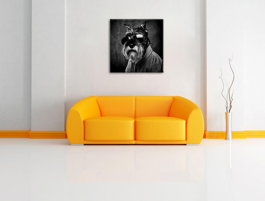 Lustiger Hund mit Hemd und Sonnenbrille, Monochrome Leinwanbild Wohnzimmer Quadratisch