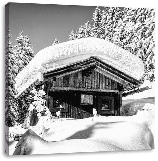 Verschneite Skihütte in Alpenwald, Monochrome Leinwanbild Quadratisch