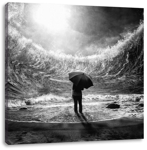 Hohe Wellen um Menschen mit Regenschirm, Monochrome Leinwanbild Quadratisch