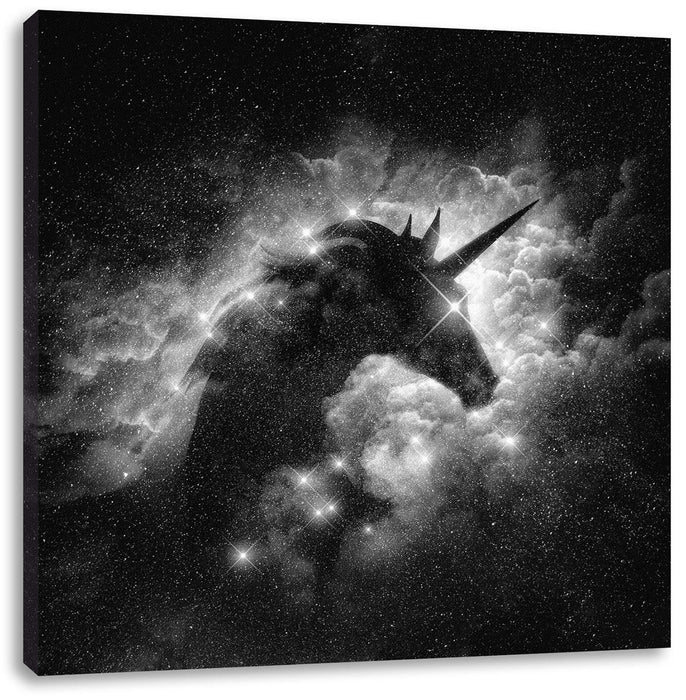 Einhorn Silhouette Galaxie, Monochrome Leinwanbild Quadratisch