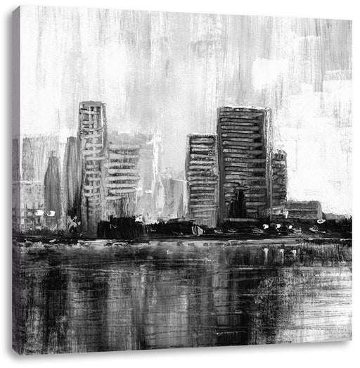 Abstraktes Ölgemälde einer Skyline, Monochrome Leinwanbild Quadratisch