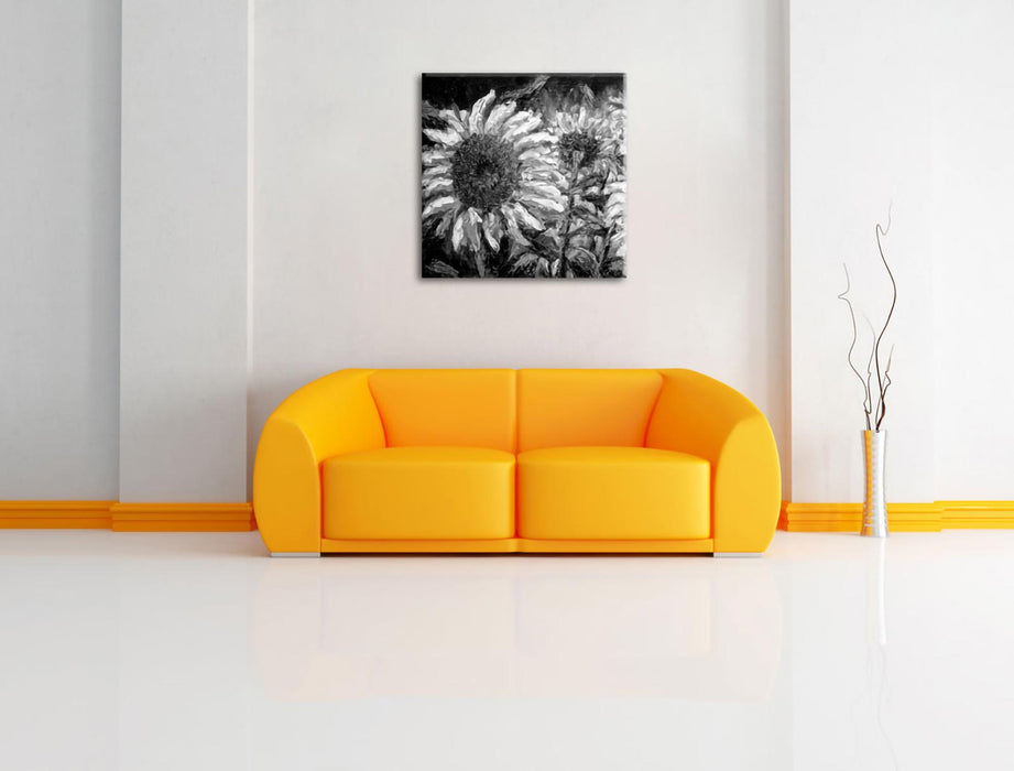 Sonnenblumen vor blauem Hintergrund, Monochrome Leinwanbild Wohnzimmer Quadratisch