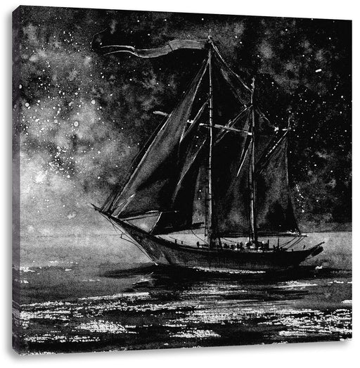 Rotes Segelboot in Sternenheller Nacht, Monochrome Leinwanbild Quadratisch