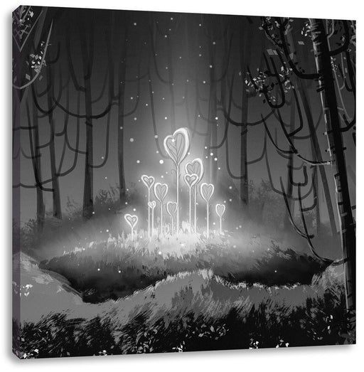 Leuchtende Zauberblumen im Wald, Monochrome Leinwanbild Quadratisch