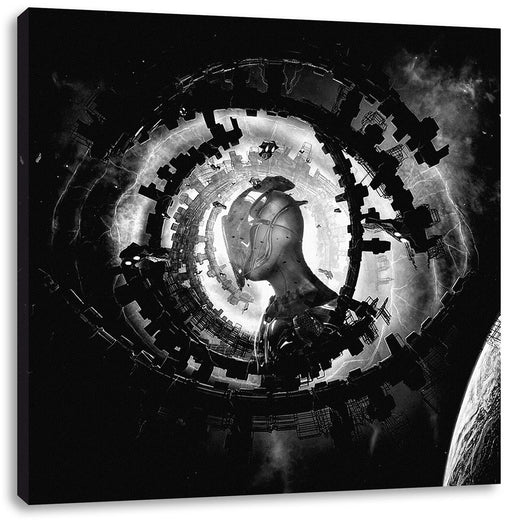 Abstraktes Auge mit Alien im Weltraum, Monochrome Leinwanbild Quadratisch