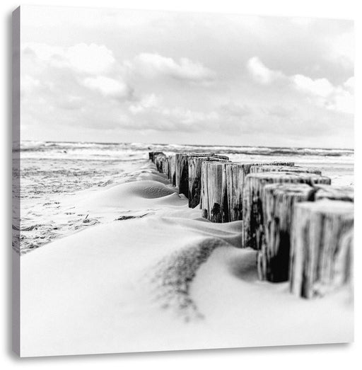 Nahaufnahme Steg aus Holzpföcken am Meer, Monochrome Leinwanbild Quadratisch