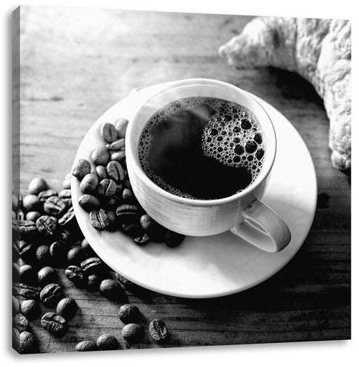 Tasse Kaffee mit Bohnen und Croissant, Monochrome Leinwanbild Quadratisch