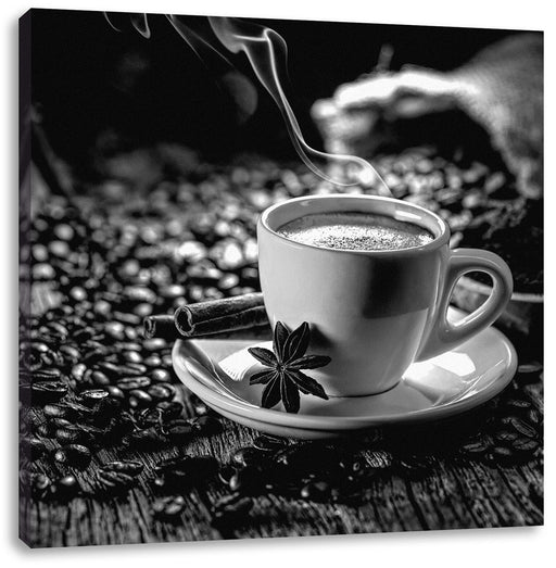 Kaffeetasse mit Bohnen auf Holztisch, Monochrome Leinwanbild Quadratisch