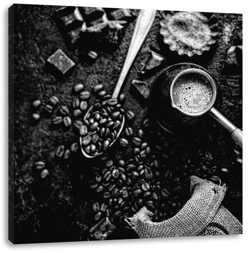 Kaffeebohnen und Schokolade von oben, Monochrome Leinwanbild Quadratisch