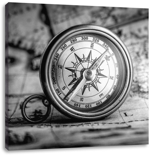 Alter Kompass auf Weltkarte, Monochrome Leinwanbild Quadratisch